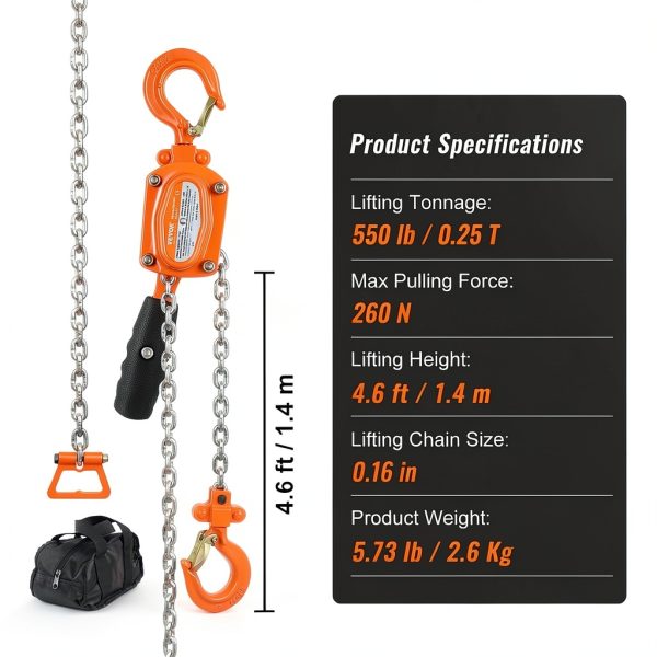 VEVOR Manual Lever Chain Hoist 1/4 Ton 550lb 5ft G80 Galvanized-6