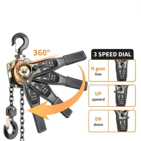 Manual Lever Chain Hoist 2 Ton 4400 lbs Capacity 10 FT Come Along, G80 Galvanized Carbon Steel with Double-Pawl Brake,360° Rotation Hook, for Garage Factory Dock (2T/3m)-4