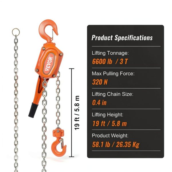 Manual Lever Chain Hoist VEVOR 6600lb 3 Ton 20ft G80 Galvanized Orange-5