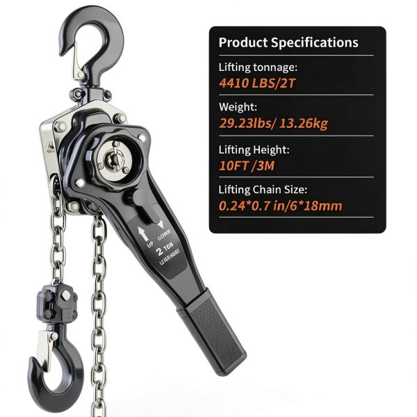 Manual Lever Chain Hoist 2 Ton 4400 lbs Capacity 10 FT Come Along, G80 Galvanized Carbon Steel with Double-Pawl Brake,360° Rotation Hook, for Garage Factory Dock (2T/3m)-7